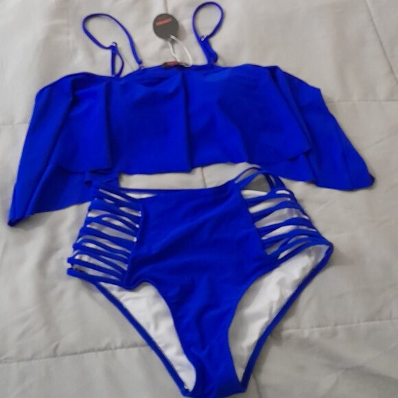 Adome blue Size Small Ruffle Sleeve Strappy Bottom Swimsuit - Picture 1 of 3
